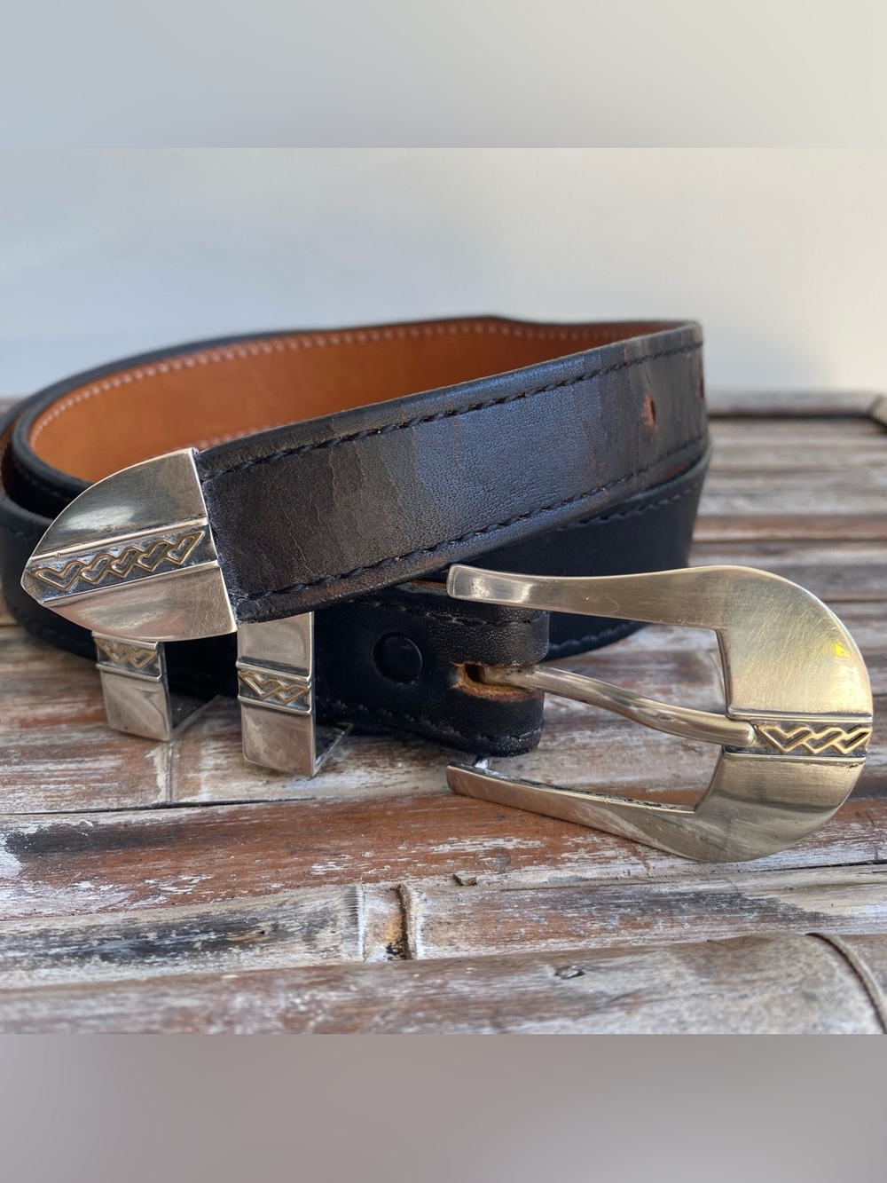 Vintage 90s James Reid Sante Fe black leather southwest belt silver gold buckle
